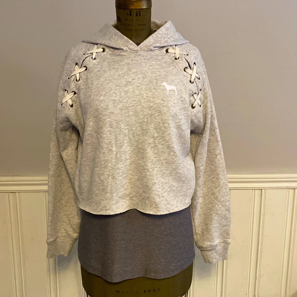 PINK - (Victoria’s Secret) - sweatshirt hoodie - light grey with lace up detail - Picture 3 of 10